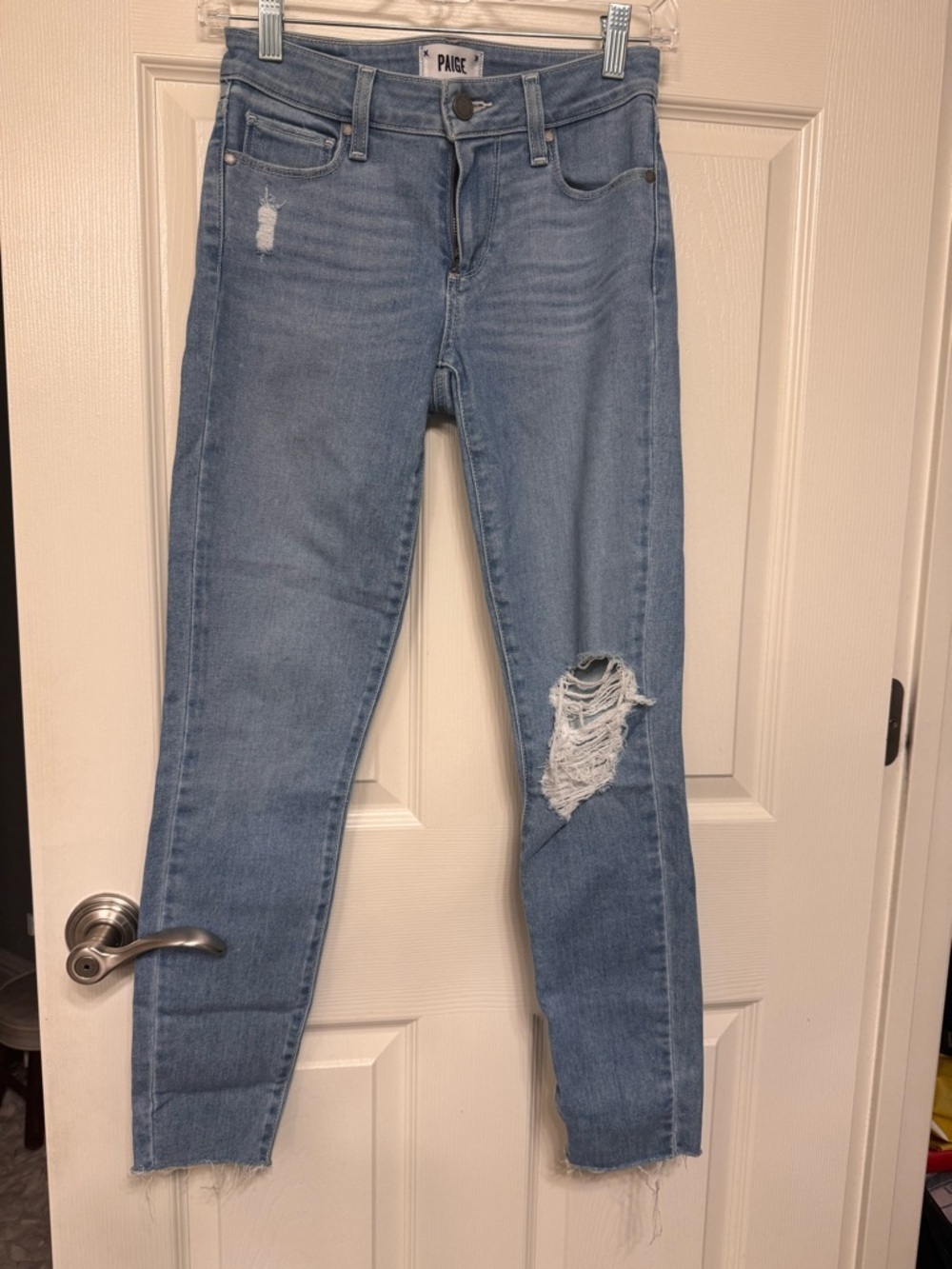 PAIGE Women's Light Blue Distressed Slim Jeans